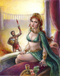 A Poppaea/Messalina analogue in an anachronistic costume and a Frazetta-esque gladiatorial hunk